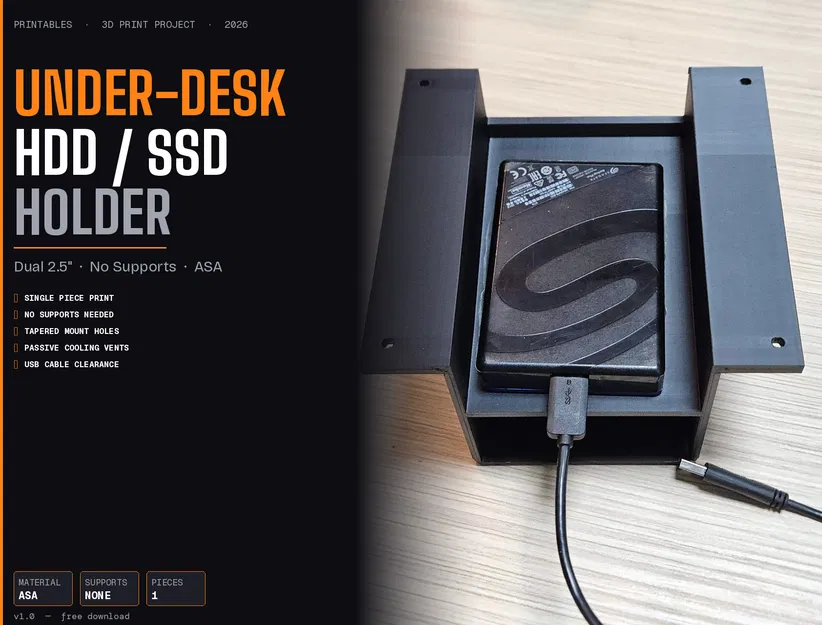 Giá Đỡ Đôi Ổ Cứng 2.5" HDD/SSD Gắn Dưới Bàn — In Nguyên Khối, Không Cần Support - Image 1