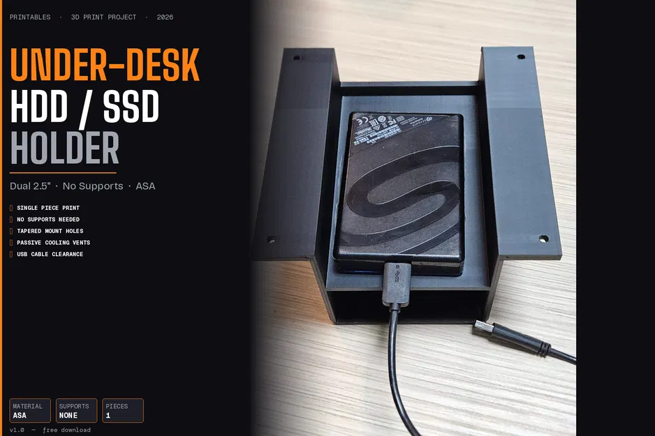 Giá Đỡ Đôi Ổ Cứng 2.5" HDD/SSD Gắn Dưới Bàn — In Nguyên Khối, Không Cần Support - Image 2