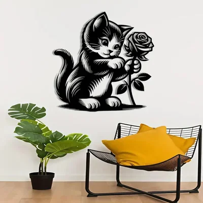 Tranh treo tường 3D hình chú mèo và hoa hồng cực xinh xắn
