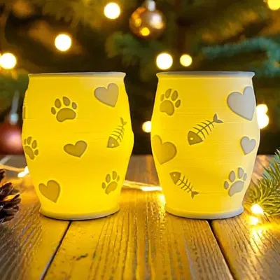 Đèn Tealight Litophane Họa Tiết Dấu Chân-Trái Tim-Xương Cá Dành Cho Người Yêu Mèo
