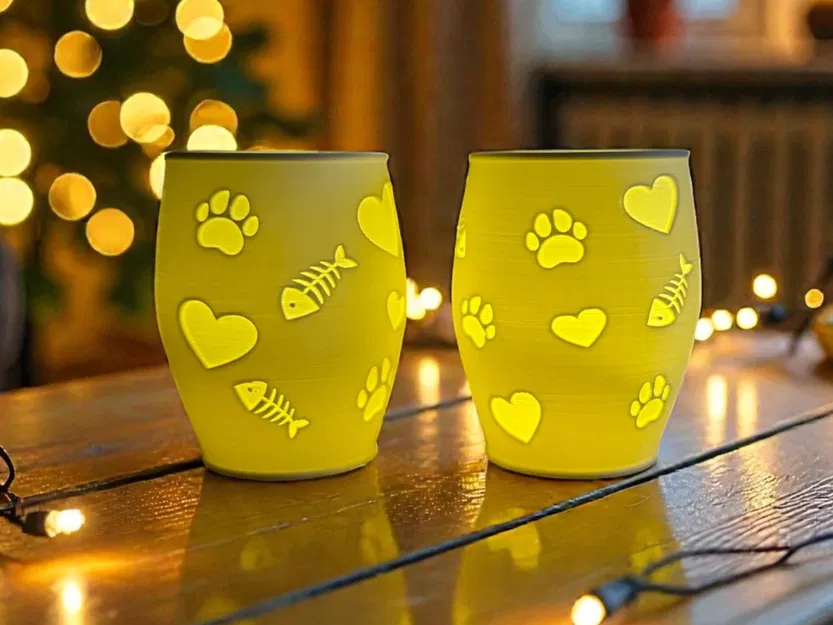 Đèn Tealight Litophane Inverted Họa Tiết Mèo (Dấu chân - Trái tim - Cá) - Image 1