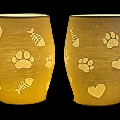 Đèn Tealight Litophane Inverted Họa Tiết Mèo (Dấu chân - Trái tim - Cá)