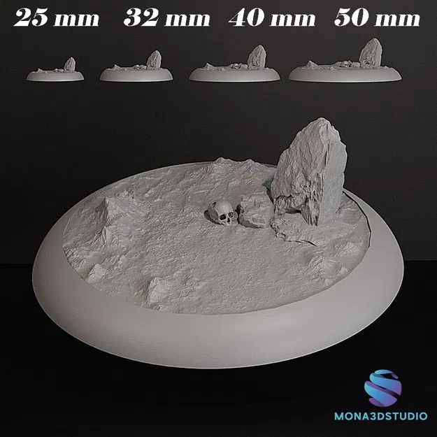 Đế Miniature Hình Đầu Lâu và Đá – Chi tiết cao – 25/32/40/50 mm – File STL 3D - Image 1