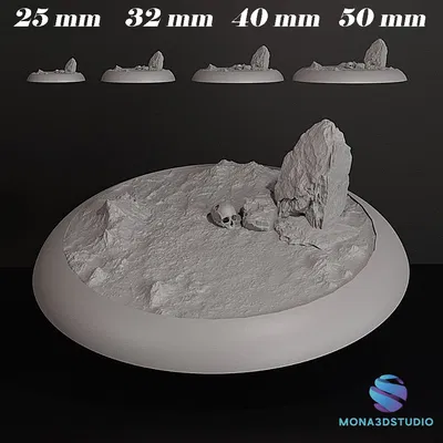 Đế Miniature Hình Đầu Lâu và Đá – Chi tiết cao – 25/32/40/50 mm – File STL 3D