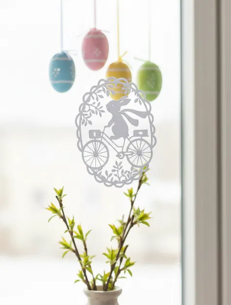 Trang trí treo cửa sổ hình thỏ đạp xe đón lễ Phục Sinh 3D - Image 1