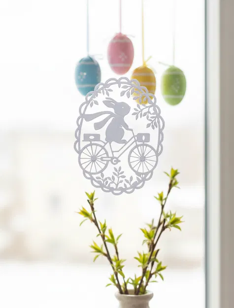 Trang trí treo cửa sổ hình thỏ đạp xe đón lễ Phục Sinh 3D - Image 2
