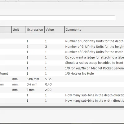 Gridfinity Refined: Khay đựng tham số có vách ngăn và kệ dán nhãn