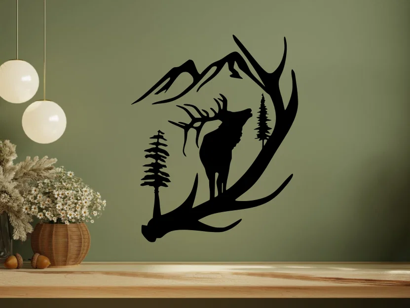 Tranh treo tường nghệ thuật hình con nai và gạc (Elk on Antler Wall Art) - Image 1