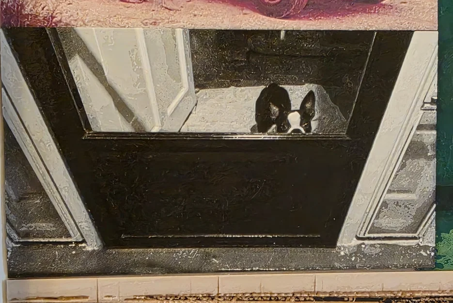 Tranh in Hueforge chú chó Boston Terrier đang nhìn lén - Image 1