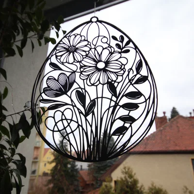 Trang trí Phục sinh 2D: Quả trứng họa tiết hoa xuân treo tường hoặc cửa sổ