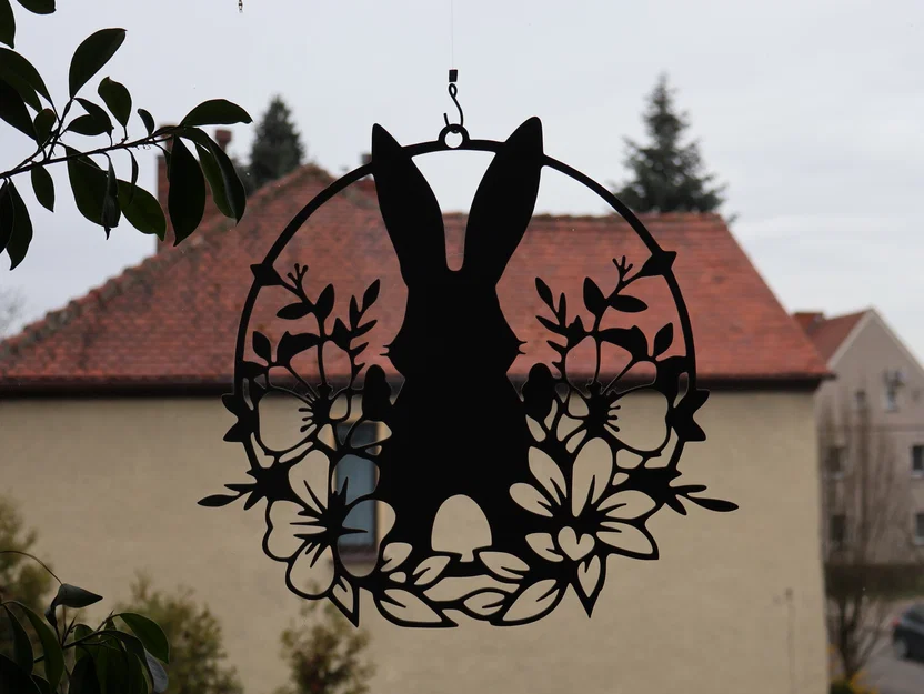 Tranh treo tường, trang trí cửa sổ hình chú thỏ Phục Sinh và hoa - Image 1