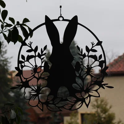 Tranh treo tường, trang trí cửa sổ hình chú thỏ Phục Sinh và hoa