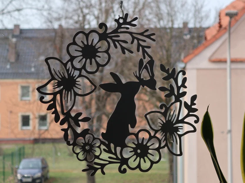 Tranh treo tường/cửa sổ hình thỏ Phục sinh kèm hoa và bướm - Image 1