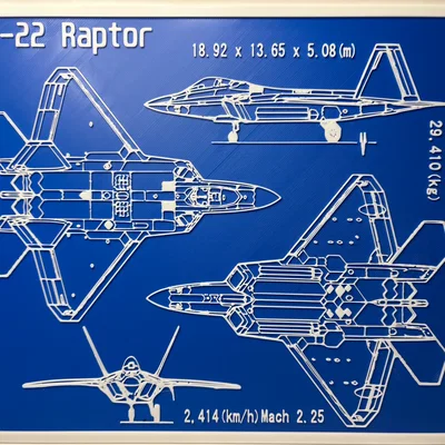 Mô hình 3D bản vẽ kỹ thuật máy bay chiến đấu F-22 Raptor treo tường
