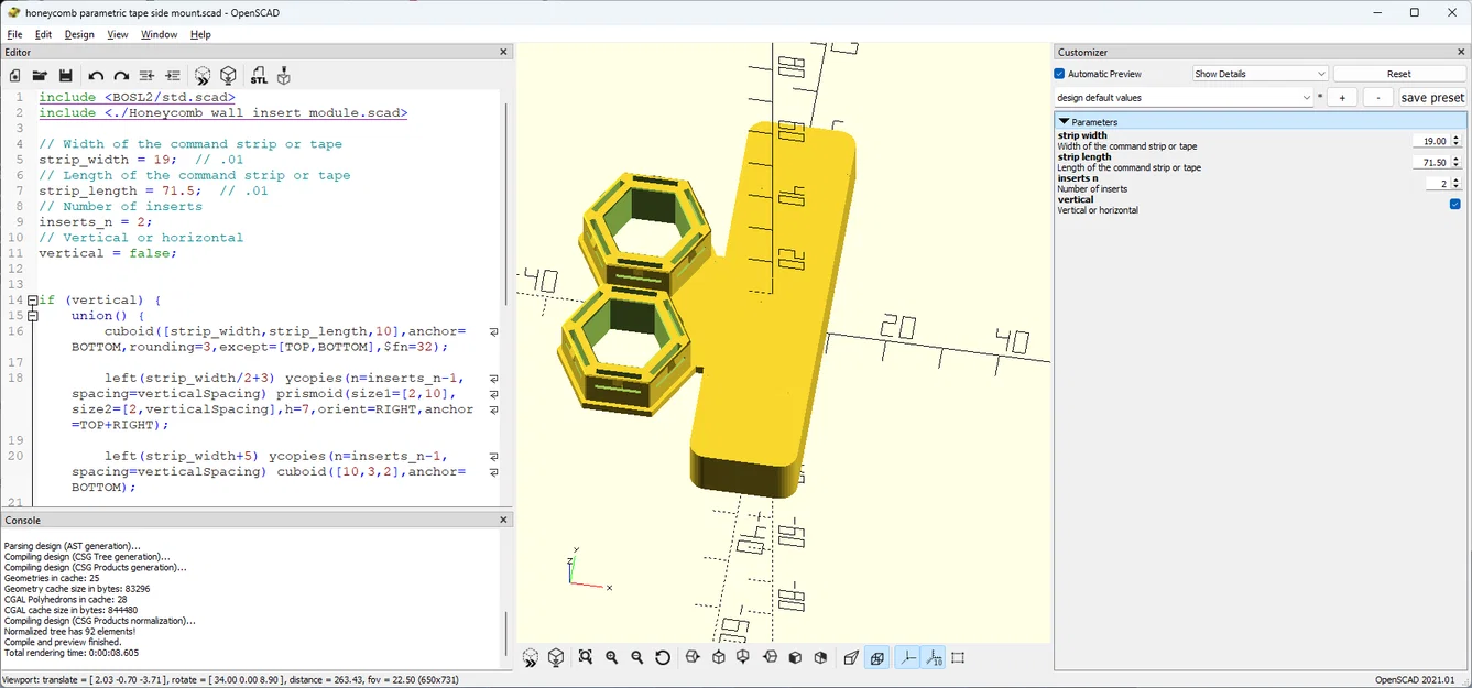Ngàm gắn HSW (Honeycomb Storage Wall) dùng miếng dán Command (hỗ trợ tham số OpenSCAD) - Image 2