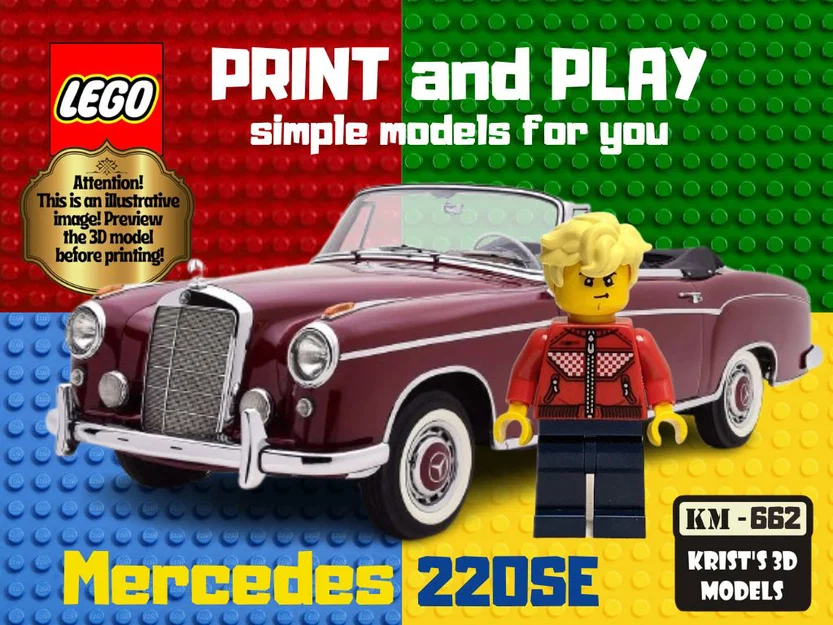 Mô hình xe cổ Mercedes 220SE Cabriolet 1960 phong cách LEGO 3D - Image 1