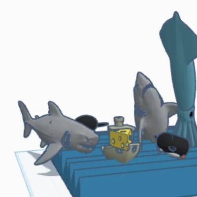 Mô hình 3D Benchy bị săn đuổi bởi cá mập, chim cánh cụt và mực khổng lồ