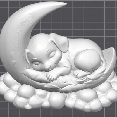 Mô hình 3D chú chó nhỏ ngủ trên mặt trăng dễ thương