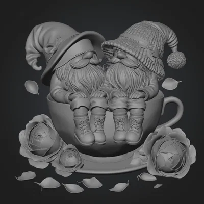 Mô hình 3D Hai chú lùn trong tách trà (Two Gnomes in a Teacup) đáng yêu