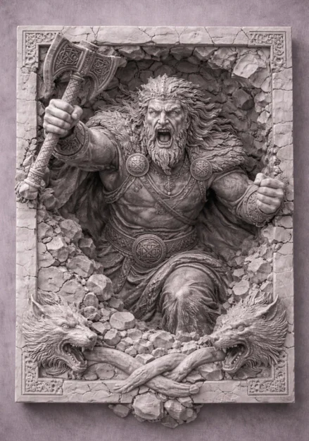 Mẫu in 3D phù điêu chiến binh Viking và rìu chiến ấn tượng - Image 1