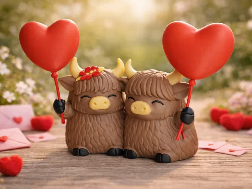 Cặp bò Highland cầm bóng bay trái tim siêu đáng yêu - Image 1