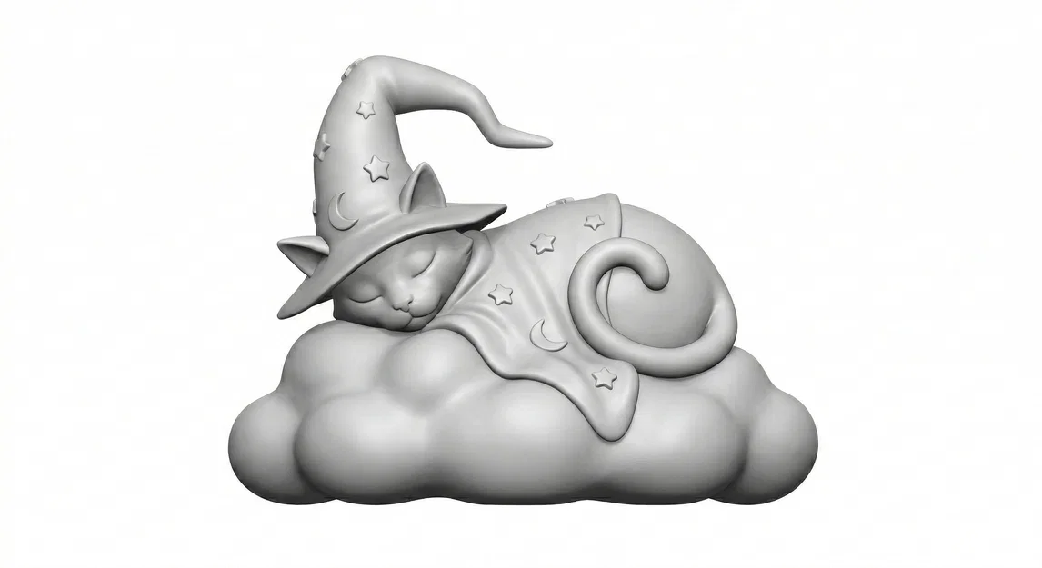 Mèo Phù Thủy Ngủ Trên Đám Mây – Tượng Nhỏ Phong Cách Fantasy Dễ Thương - Image 1
