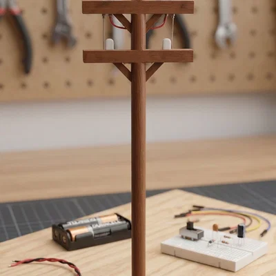 Cột Điện Gỗ Trang Trí Có Đèn LED - Mô Hình Diorama