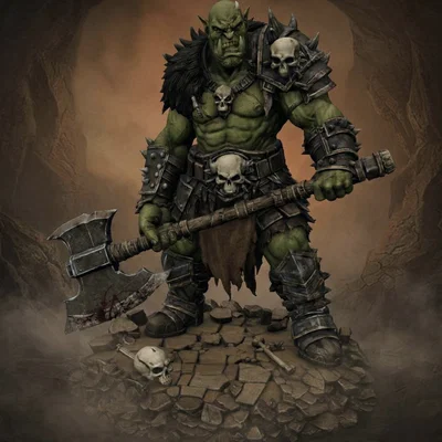 Bloodbound Realms – Orc – Chiến binh rìu hai tay, Kẻ tàn phá vùng đất tro tàn (Mô hình STL 3D)