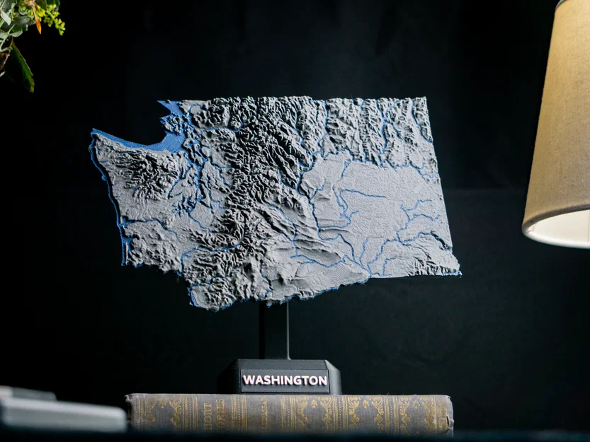 Bản đồ địa hình tiểu bang Washington, USA (WA) kèm sông ngòi và bờ biển - Image 1