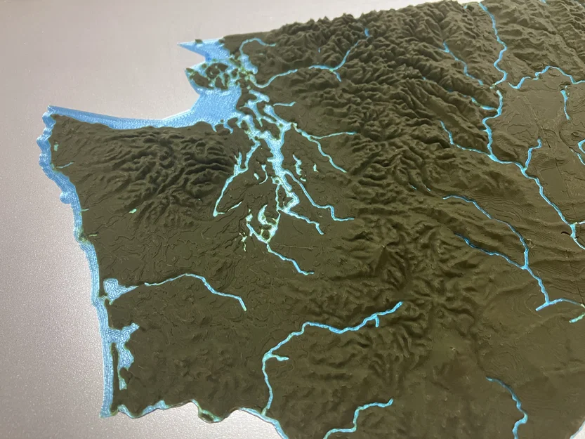 Bản đồ địa hình tiểu bang Washington, USA (WA) kèm sông ngòi và bờ biển - Image 3