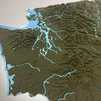 Bản đồ địa hình tiểu bang Washington, USA (WA) kèm sông ngòi và bờ biển