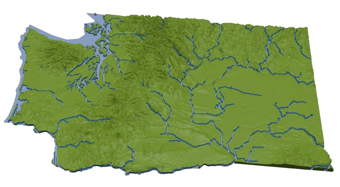 Bản đồ địa hình tiểu bang Washington, USA (WA) kèm sông ngòi và bờ biển - Image 10