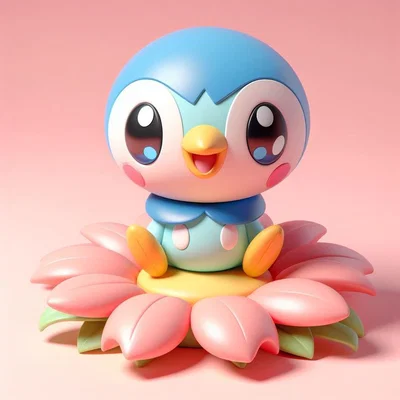 Mô hình 3D Pokemon Piplup dễ thương ngồi trên cánh hoa