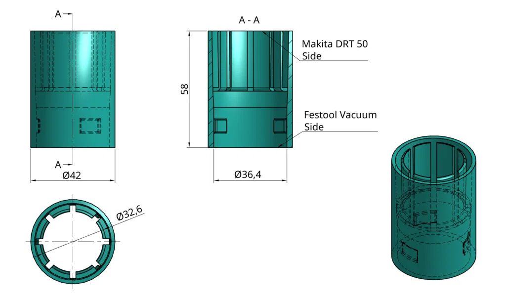 Đầu chuyển ống hút bụi từ Makita sang Festool cho DRT50 và RT0700 - Image 3