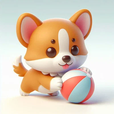 Mô hình 3D chú chó con chơi bóng phong cách Kawaii đáng yêu
