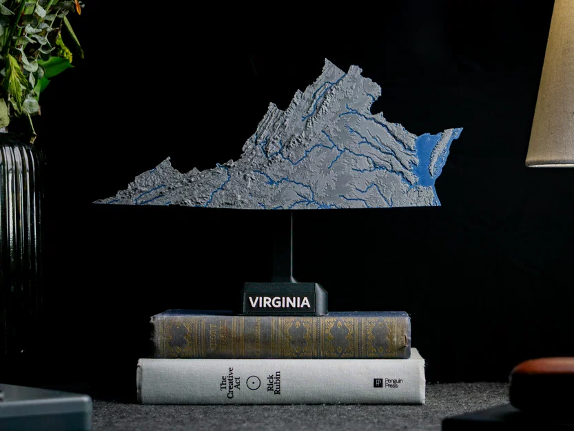 Bản đồ địa hình tiểu bang Virginia, Mỹ (VA) tích hợp sông ngòi in 3D - Image 2