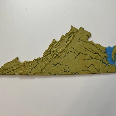 Bản đồ địa hình tiểu bang Virginia, Mỹ (VA) tích hợp sông ngòi in 3D
