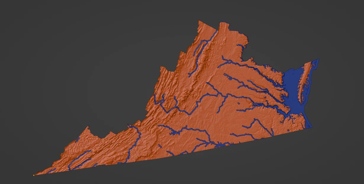Bản đồ địa hình tiểu bang Virginia, Mỹ (VA) tích hợp sông ngòi in 3D - Image 4