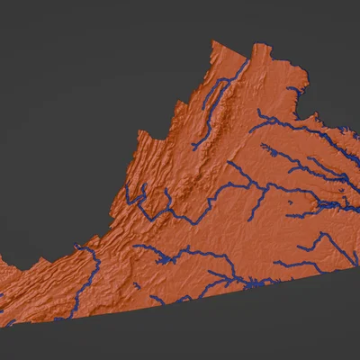 Bản đồ địa hình tiểu bang Virginia, Mỹ (VA) tích hợp sông ngòi in 3D