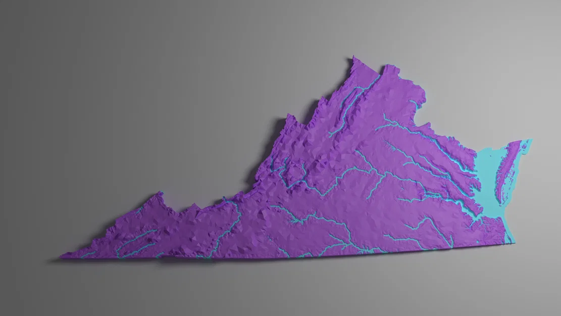 Bản đồ địa hình tiểu bang Virginia, Mỹ (VA) tích hợp sông ngòi in 3D - Image 5