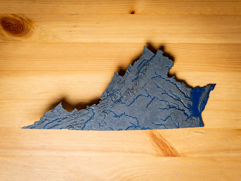 Bản đồ địa hình tiểu bang Virginia, Mỹ (VA) tích hợp sông ngòi in 3D - Image 12