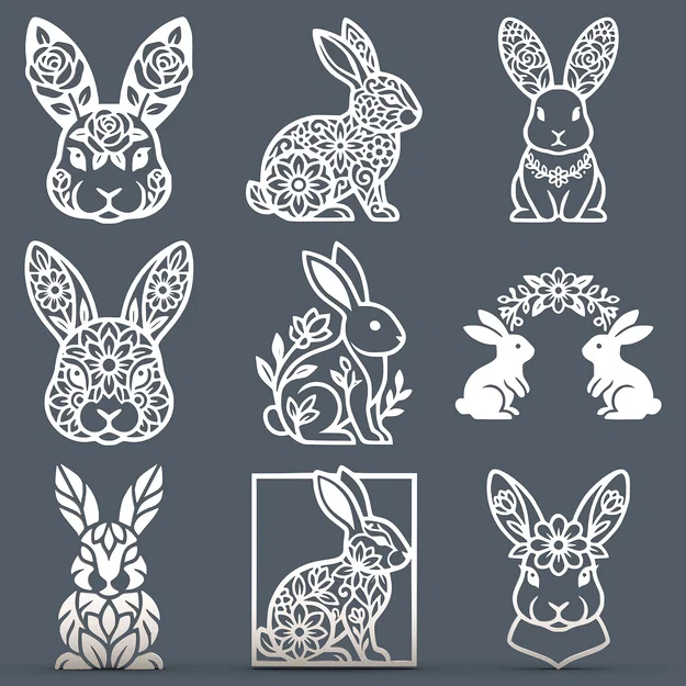 Bộ Sưu Tập Thỏ Phục Sinh Họa Tiết Hoa – 9 Mẫu Relief Trang Trí Cho CNC / Laser / In 3D - Image 1