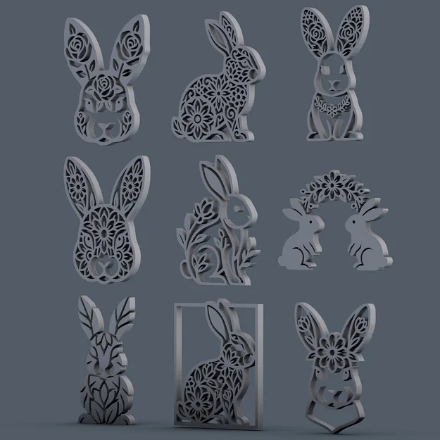 Bộ Sưu Tập Thỏ Phục Sinh Họa Tiết Hoa – 9 Mẫu Relief Trang Trí Cho CNC / Laser / In 3D - Image 3