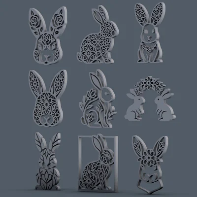 Bộ Sưu Tập Thỏ Phục Sinh Họa Tiết Hoa – 9 Mẫu Relief Trang Trí Cho CNC / Laser / In 3D