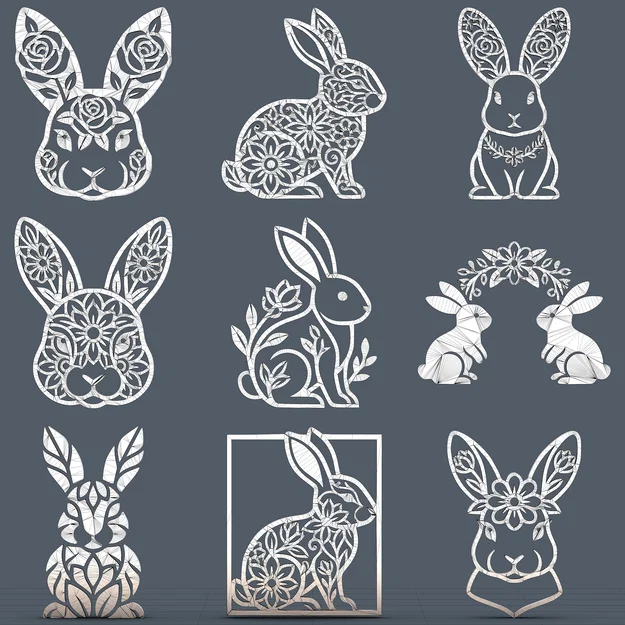 Bộ Sưu Tập Thỏ Phục Sinh Họa Tiết Hoa – 9 Mẫu Relief Trang Trí Cho CNC / Laser / In 3D - Image 6