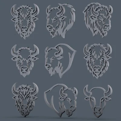 Bộ sưu tập 9 mẫu đầu Bò tót & Trâu rừng phong cách Tribal cho CNC / Laser / In 3D