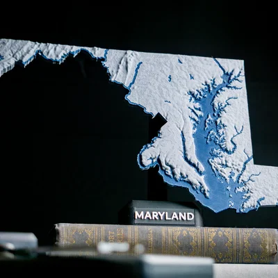 Bản đồ địa hình Maryland, USA (MD) cùng sông ngòi in 3D