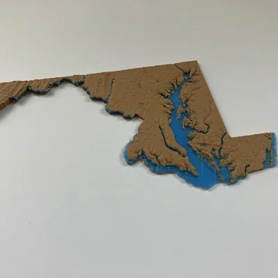 Bản đồ địa hình Maryland, USA (MD) cùng sông ngòi in 3D