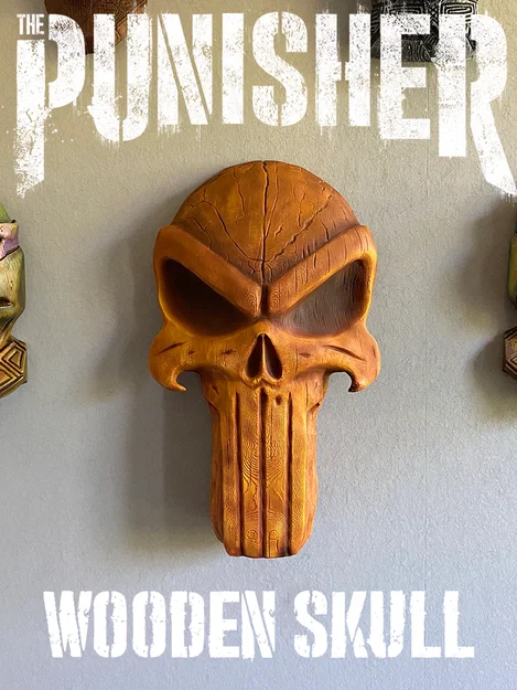 Tượng treo tường đầu lâu Punisher phong cách gỗ (Punisher Wooden Skull Wallart) - Image 1
