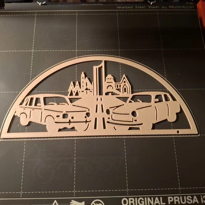 Schwibbogen với xe Trabant, Wartburg và đường chân trời Leipzig